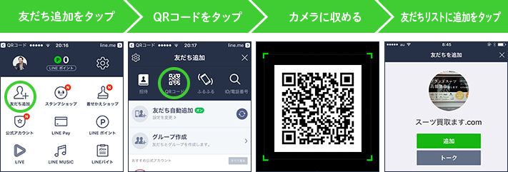 LINEを開いて順にタップ・QRコードをタップ・カメラに収める・友達リストに追加
